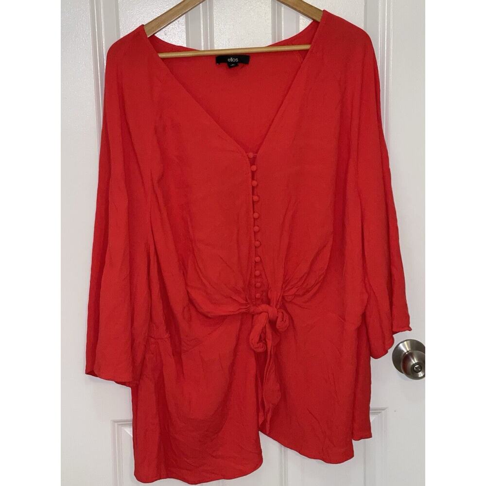 Ellos Peplum Red V Neck Tie Waist Dressy/Casual 3/4 Sleeve‎ Blouse Plus Size 26